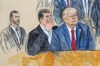 FILE - This artist sketch depicts former President Donald Trump, right, conferring with defense lawyer Todd Blanche, center, during his appearance at the Federal Courthouse in Washington, Thursday, Aug. 3, 2023. Special Prosecutor Jack Smith sits at left. Lawyers for Trump are due back in court Monday, Aug. 28, as a federal judge considers radically conflicting proposals for a trial date in the case accusing him of working to overturn the results of the 2020 presidential election.Dana Verkouteren via AP, File)