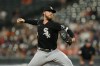Chicago White Sox starting pitcher Michael Kopech throws to the Baltimore Orioles during the second inning of a baseball game, Monday, Aug. 28, 2023, in Baltimore. (AP Photo/Julio Cortez)