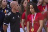 FILE - President of Spain's soccer federation, Luis Rubiales stands with Spain's Women's World Cup soccer team after being received by Spain's Prime Minister Pedro Sanchez at La Moncloa Palace in Madrid, Spain, Tuesday, Aug. 22, 2023. The kiss by Luis Rubiales has unleashed a storm of fury over gender equality that almost marred the unprecedented victory but now looks set to go down as a milestone in both Spanish soccer history but also in women's rights.(AP Photo/Manu Fernandez, file)