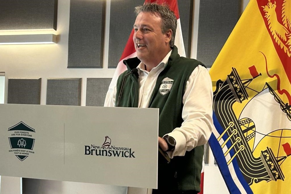New Brunswick Natural Resources Minister Mike Holland speaks in Fredericton, Wednesday, Sept. 30, 2023. He says climate risk information has been incorporated for the first time into long-term strategy and management in the province's forest management. THE CANADIAN PRESS/ Hina Alam