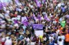 Demonstrators gather during a protest against the President of Spain's soccer federation Luis Rubiales and to support Spain's national women's soccer player Jenni Hermoso in Madrid on Monday, Aug. 28, 2023. Spain faces reckoning over sexism in soccer after federation head kisses player at Women's World Cup. Banner reads in Spanish 