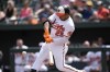 Baltimore Orioles' Anthony Santander hits an RBI double to score Gunnar Henderson from second base during the first inning of a baseball game against the Chicago White Sox, Wednesday, Aug. 30, 2023, in Baltimore. (AP Photo/Julio Cortez)