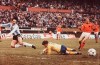 FILE - Argentinian Leopoldo Luque, left, flies through the air as Dutch goalkeeper Jan Jongbloed, center, foils his attack during the World Cup Final at the River Plate Stadium, Buenos Aires on June 25, 1978. Jongbloed, who was runner-up in two World Cup finals as part of the 