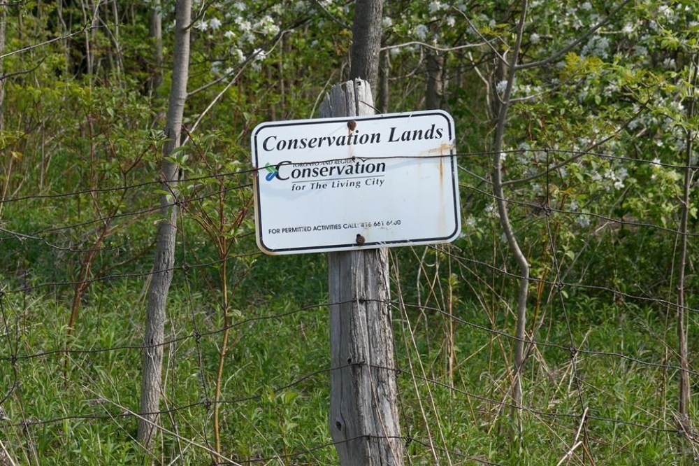 A sign denotes the edge of a conservation area in the Duffins Rouge Agricultural Preserve, part of Ontario's Greenbelt , on Monday, May 15, 2023, THE CANADIAN PRESS/Chris Young