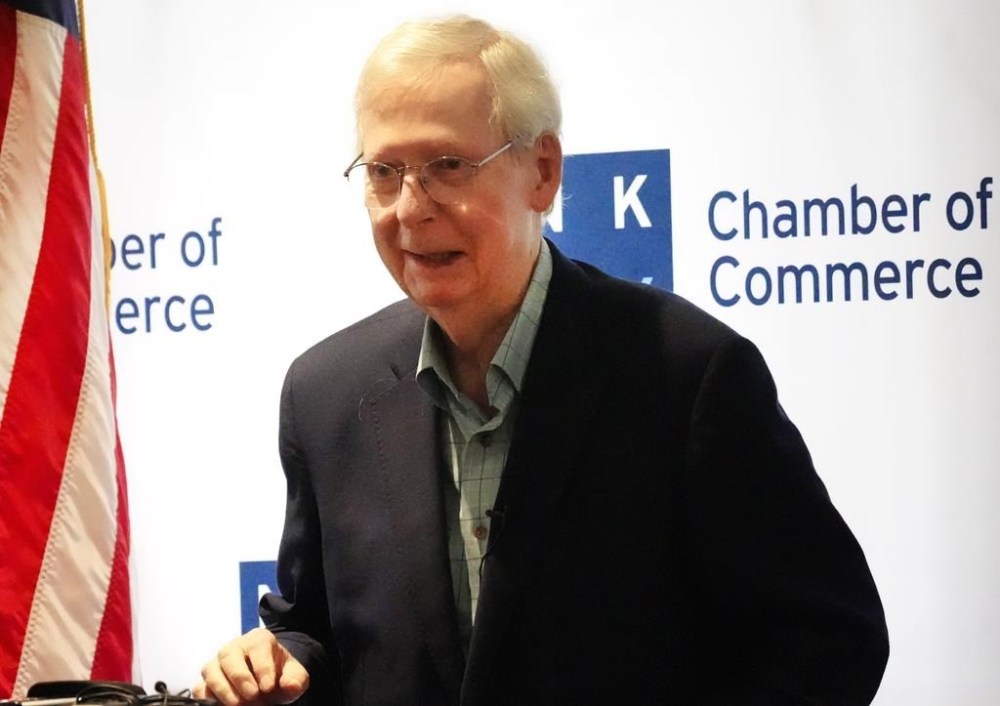 U.S. Senate Minority Leader Mitch McConnell, R-Ky., speaks at the NKY Chamber of Commerce at the Madison Event Center, Wednesday, Aug. 30, 2023, in Covington, Ky. McConnell appeared to briefly freeze up and was unable to answer a question from a reporter during the event on Wednesday, weeks after he had a similar episode in Washington. (Liz Dufour/The Cincinnati Enquirer via AP)