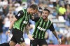 US Sassuolo's Andrea Pinamonti, left, celebrates scoring during the Serie A soccer match between Sassuolo and Verona at Mapei Stadium, Reggio Emilia, Italy, Friday Sept. 1, 2023. (Massimo Paolone/LaPresse via AP)