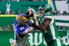 With the Winnipeg Blue Bombers on the verge of clinching a CFL playoff spot, Saskatchewan head coach Craig Dickenson understands Sunday’s Labour Day Classic will be a tough challenge for his Saskatchewan Roughriders. Winnipeg Blue Bombers defensive back Evan Holm (31) and Saskatchewan Roughriders wide receiver Tevin Jones (14) battle for the ball during the second half of CFL football action in Regina, Friday, June 16, 2023. THE CANADIAN PRESS/Heywood Yu