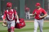Angels catcher Max Stassi, left, walks with starting pitcher Chase Silseth, right, to the dugout with Angels catcher Max Stassi after warming up in the bullpen prior to a spring training baseball game against the Cleveland Guardians Tuesday, March 14, 2023, in Goodyear, Ariz. Stassi has announced, Sunday, Sept 3, 2023, that he will miss the entire 2023 season because of a serious family medical issue. (AP Photo/Ross D. Franklin, File)