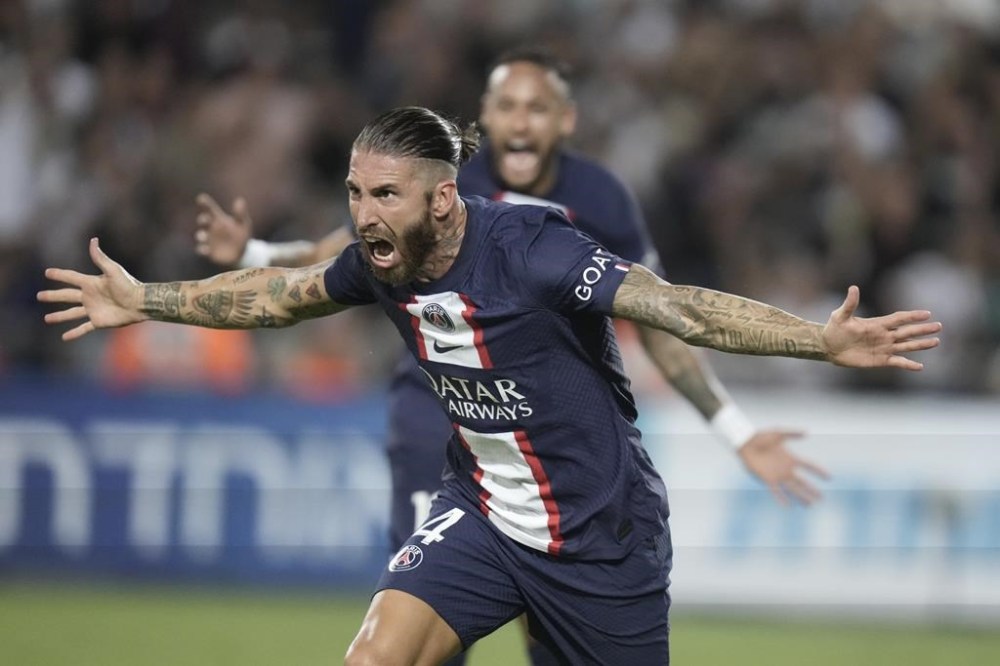 FILE - PSG's Sergio Ramos celebrates after scoring his side's third goal during the French Super Cup final soccer match between Nantes and Paris Saint-Germain at Bloomfield Stadium in Tel Aviv, Israel, on July 31, 2022. Former Spain defender Sergio Ramos completed a return to Sevilla on Monday, Sept. 4, 2023, 18 years after he left the club to join Real Madrid. (AP Photo/Ariel Schalit, File)