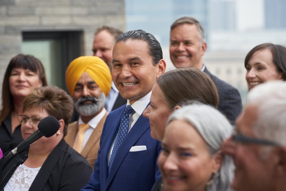 Manitoba NDP Leader Wab Kinew speaks to media during a press conference to kick off the 2023 Manitoba election campaign at the West Broadway Commons in Winnipeg on Tuesday, Sept. 5, 2023. THE CANADIAN PRESS/David Lipnowski
