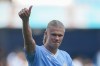 Manchester City's Erling Haaland celebrates at the end of the English Premier League soccer match between Manchester City and Fulham at the Etihad stadium in Manchester, England, Saturday, Sept. 2, 2023. (AP Photo/Dave Thompson)