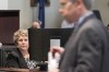 Colleton County Clerk of Court Rebecca Killy listens as Prosecutor Creighton Waters makes closing arguments in Alex Murdaugh's trial for murder at the Colleton County Courthouse on Wednesday, March 1, 2023, in Columbia, S.C. Attorneys for convicted murderer Alex Murdaugh want a new trial, accusing the court clerk of improperly influencing the jury and betraying her oath of office for money and fame.(Joshua Boucher/The State via AP, Pool)