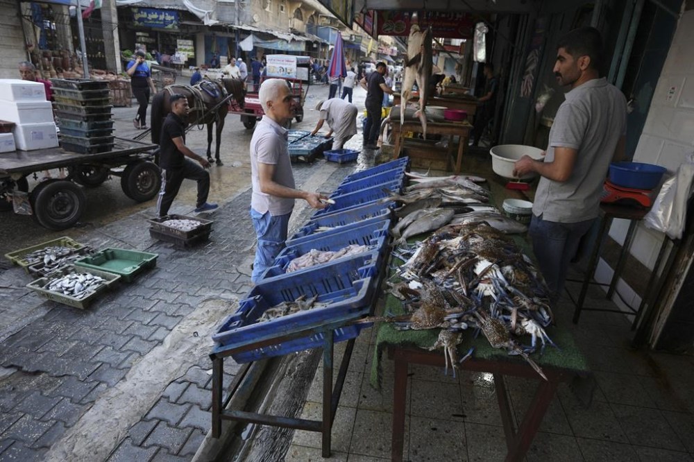 Palestinians buy fish from the main market of the Shati refugee camp in Gaza City, Thursday, Sept. 7, 2023. After allegedly uncovering explosives hidden in clothing shipped from Gaza to the West Bank, the Israeli government opted for a punitive response this week, clamping down on all cargo shipments out of Gaza and choking off the territory's already ailing economy. (AP Photo/Adel Hana)