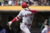 Los Angeles Angels' Shohei Ohtani pops out against the Oakland Athletics during the third inning of a baseball game in Oakland, Calif., Sunday, Sept. 3, 2023. (AP Photo/Jeff Chiu)