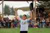 NHL defenceman Zach Whitecloud with the Vegas Golden Knights hoists the Stanley Cup at the Sioux Valley Dakota Nation powwow arbour during a celebratory visit to his home community on Wednesday. (Tim Smith / The Brandon Sun)