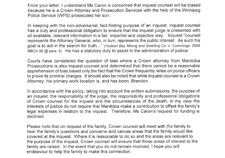 An excerpt from the August 2019 letter from Lavonne Ross, then the director of Manitoba Justice’s Legal Services Branch, that turned down Caron's request for legal expenses.