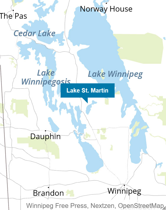 Lake St. Martin is located about 235 km northwest of Winnipeg.
