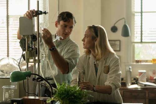 Apple
                                Out of the lab and into women&rsquo;s lives, Elizabeth Zott (played by executive producer Brie Larson, here with Lewis Pullman) turns to hosting a TV food show that teaches more than cooking in the adaptation of Lessons in Chemistry.