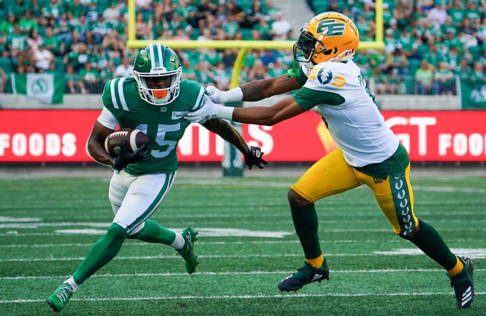 <p>The Bombers defence will want to keep an eye on Saskatchewan Roughriders receiver Shawn Bane Jr. who is ranked one of the top ten among receivers in yards. (Heywood Yu / The Canadian Press files)</p>