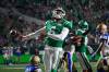 Saskatchewan Roughriders quarterback Antonio Pipkin (6) celebrates after scoring a touchdown against Winnipeg Blue Bombers during overtime of CFL Labour Day Classic football action in Regina, Sunday, Sept. 3, 2023. (Heywood Yu / The Canadian Press)