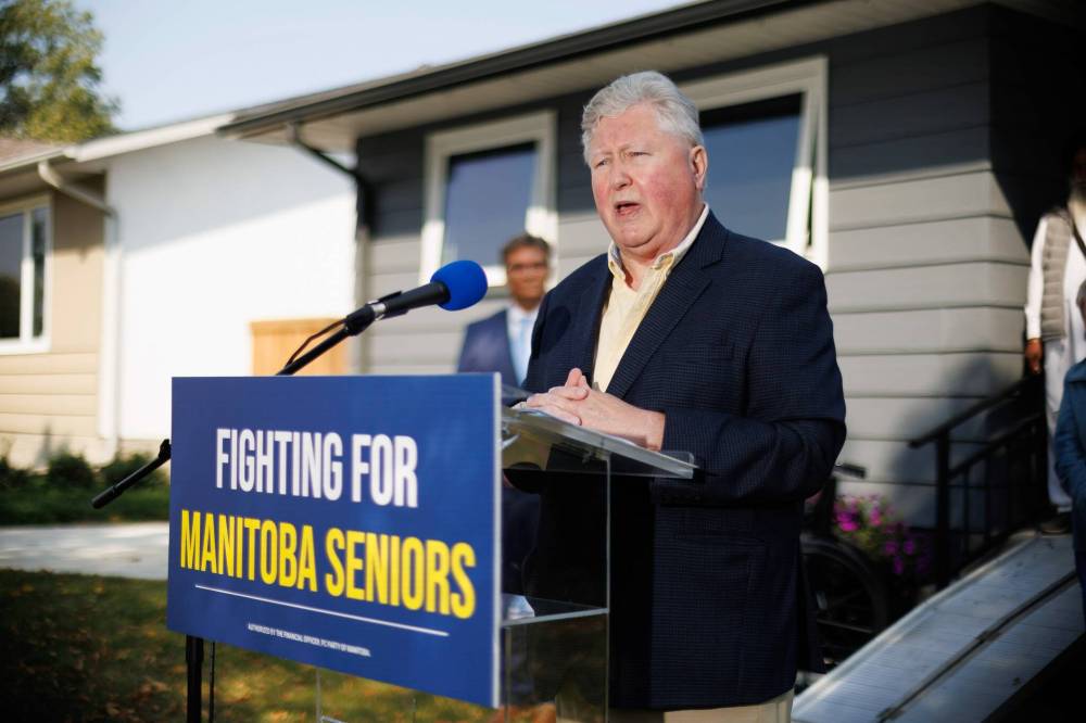 Scott Johnston, PC candidate for Assiniboia, during a campaign announcement in Winnipeg’s Westdale neighbourhood Thursday morning. (Mike Deal/Winnipeg Free Press)