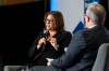Progressive Conseravative Leader Heather Stefanson talks with Manitoba Chambers of Commerce President and CEO Chuck Davidson. (Mike Deal / Winnipeg Free Press)