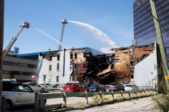 The former Windsor Hotel was demolished overnight after the building was destroyed in a fire. (Mike Deal / Winnipeg Free Press)