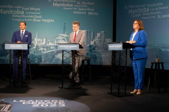 From left: NDP Leader Wab Kinew, Liberal Leader Dougald Lamont and PC Leader Heather Stefanson. (Brook Jones / Winnipeg Free Press)