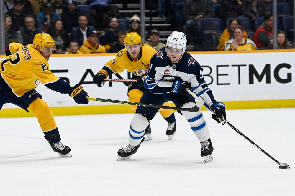 Mark Zaleski / The Associated Press files
Based on the Jets’ training camp set up, Cole Perfetti appears to be getting the first shot at centring the team’s second-line.