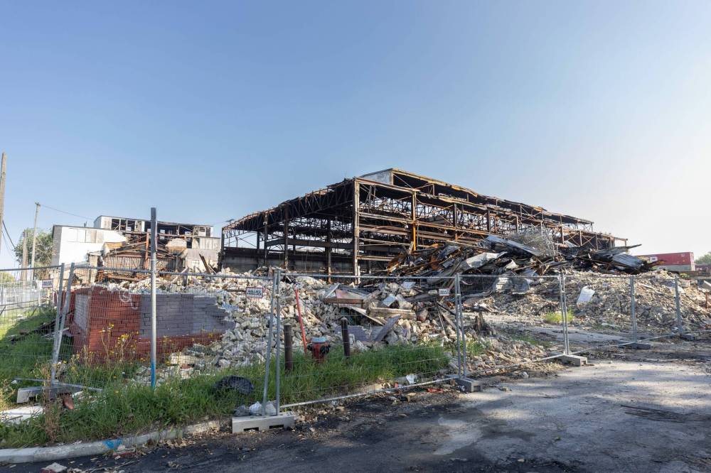The remains of the old Vulcan Iron Works site at Maple Street North and Sutherland Avenue earlier this month, following a fire in July. (Mike Deal / Winnipeg Free Press files)