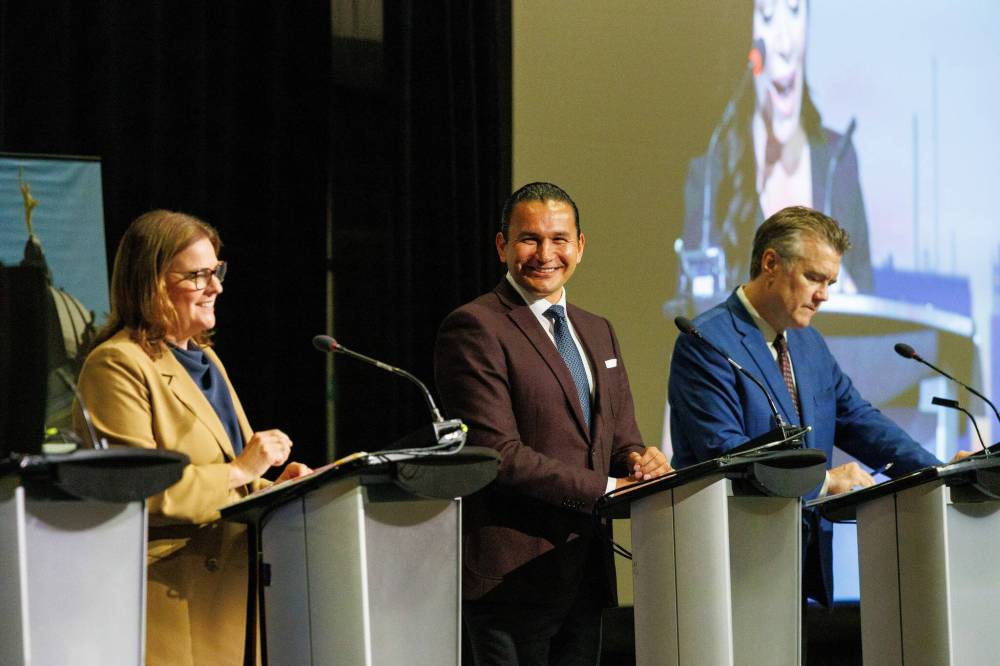 MIKE DEAL / WINNIPEG FREE PRESS
For more than an hour, Progressive Conservative Leader Heather Stefanson, NDP Leader Wab Kinew and Liberal Party Leader Dougald Lamont faced a crowd at the RBC Convention Centre, presenting their economic platforms and exchanged verbal barbs.