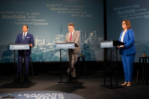 BROOK JONES / WINNIPEG FREE PRESS
Left to Right: Manitoba NDP Leader Wab Kinew, Manitoba Liberal Party Leader Dougald Lamont and PC Party of Manitoba Leader Heather Stefanson moments before the start of the Manitoba Leaders' Debate hosted by CBC, CTV News and Global News at CBC's Studio 41 in Winnipeg, Man., Thursday, Sept. 21, 2023. Manitobans head to the polls in the Manitoba Provincial Election Tuesday, Oct. 3, 2023.