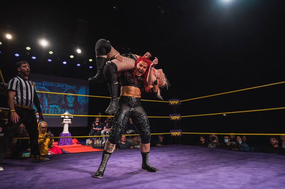 Toronto's Jody Threat (lifting an opponent) says WPW helped launch her career. (Supplied photo by Dwayne Larson)