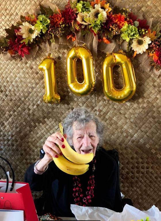Mary Lewyc loved bananas. They were her favourite present at her 100th birthday party. (Supplied)