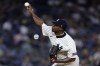 New York Yankees pitcher Luis Severino throws against the Milwaukee Brewers during the first inning of a baseball game Friday, Sept. 8, 2023, in New York. (AP Photo/Adam Hunger)