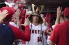 Los Angeles Angels' Logan O'Hoppe is congratulated by teammates in the dugout after hitting a two-run home run during the first inning of a baseball game against the Cleveland Guardians Saturday, Sept. 9, 2023, in Anaheim, Calif. (AP Photo/Mark J. Terrill)