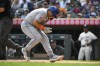 New York Mets' Francisco Alvarez reacts after being hit by a pitch by Minnesota Twins pitcher Pablo Lopez during the fifth inning of a baseball game, Sunday, Sept. 10, 2023, in Minneapolis. (AP Photo/Craig Lassig)