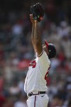 Atlanta Braves relief pitcher Raisel Iglesias reacts after final out against the Pittsburgh Pirates, Sunday, Sept. 10, 2023, in Atlanta. (AP Photo/Hakim Wright Sr.)