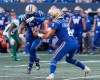 Winnipeg Blue Bombers quarterback Zach Collaros (8) fakes the handoff to Rasheed Bailey (88) during the first half of CFL football action against the Saskatchewan Roughriders in Winnipeg Saturday, September 9, 2023. Collaros, Brady Oliveira and the Blue Bombers' offensive line were graded as some of the top performers Tuesday in the CFL's weekly honour roll. THE CANADIAN PRESS/John Woods
