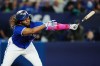 Toronto Blue Jays designated hitter Vladimir Guerrero Jr. (27) strikes out swinging against the Texas Rangers during sixth inning American League MLB baseball action in Toronto on Tuesday, September 12, 2023. THE CANADIAN PRESS/Nathan Denette