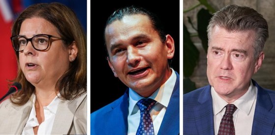 Progressive Conservative Leader Heather Stefanson, NDP Leader Wab Kinew and Liberal Leader Dougald Lamont (The Canadian Press files)