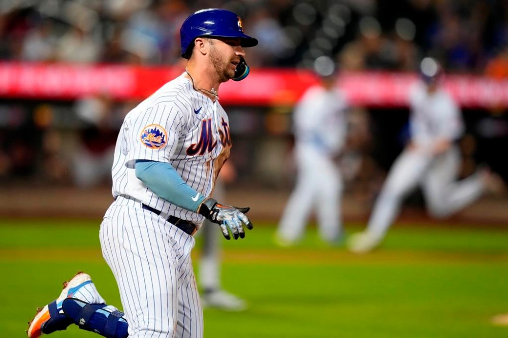 New York Mets' Pete Alonso turns toward second base on a two-run double against the Arizona Diamondbacks during the fifth inning of a baseball game Wednesday, Sept. 13, 2023, in New York. (AP Photo/Frank Franklin II)