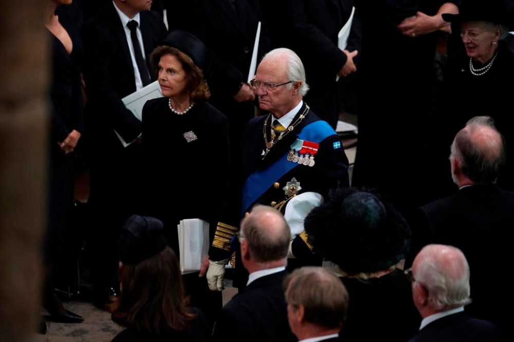 FILE - Sweden's King Carl XVI Gustaf and Queen Silvia attend the funeral of Queen Elizabeth II, at the Westminster Abbey, in London Monday, Sept. 19, 2022. Carl Gustaf, 77, is the first king in the Swedish monarchy’s more than 1,000-year history to reach 50 years on the throne. And following the death of Queen Elizabeth II last year, he’s the second-longest reigning European monarch alive today. (Phil Noble/Pool Photo via AP, File)