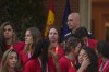 FILE - Then President of Spain's soccer federation, Luis Rubiales, top right, stands with Spain's Women's World Cup soccer team after their World Cup victory at La Moncloa Palace in Madrid, Spain, on Aug. 22, 2023. One day before Spain’s new women’s coach announces her first squad, the players who won the Women’s World Cup have yet to say if they are ready to come back to the team after rebelling against their disgraced former federation president. Spain’s women have had little chance to celebrate their greatest soccer achievement because Luis Rubiales caused an uproar when he kissed a player on the lips without her consent at the awards ceremony last month in Sydney. (AP Photo/Manu Fernandez)