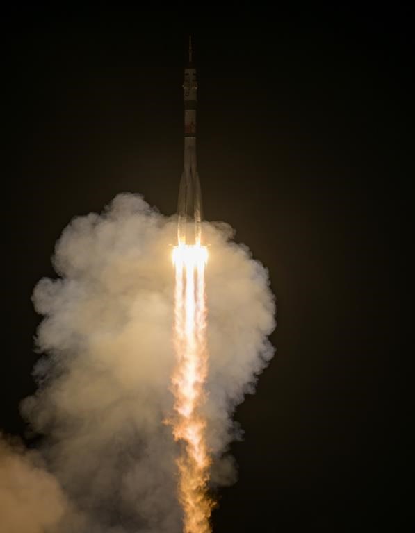 The Soyuz rocket is launched with Expedition 70 NASA astronaut Loral O'Hara, and Roscosmos cosmonauts Oleg Kononenko and Nikolai Chub, Friday, Sept. 15, 2023, at the Baikonur Cosmodrome in Kazakhstan. (Bill Ingalls/NASA via AP)