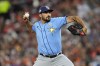 Tampa Bay Rays starting pitcher Zach Eflin throws to the Baltimore Orioles in the first inning of a baseball game, Friday, Sept. 15, 2023, in Baltimore. (AP Photo/Julio Cortez)
