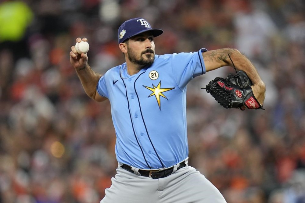 Tampa Bay Rays starting pitcher Zach Eflin throws to the Baltimore Orioles in the first inning of a baseball game, Friday, Sept. 15, 2023, in Baltimore. (AP Photo/Julio Cortez)