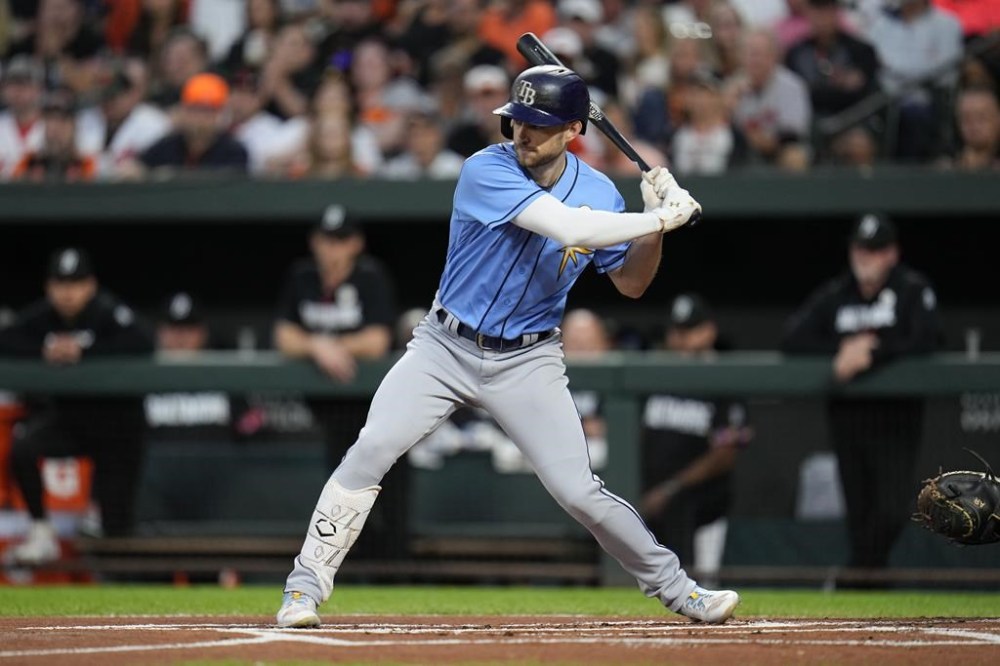 Tampa Bay Rays' Brandon Lowe waits for a pitch against the Baltimore Orioles in the first inning of a baseball game, Friday, Sept. 15, 2023, in Baltimore. (AP Photo/Julio Cortez)
