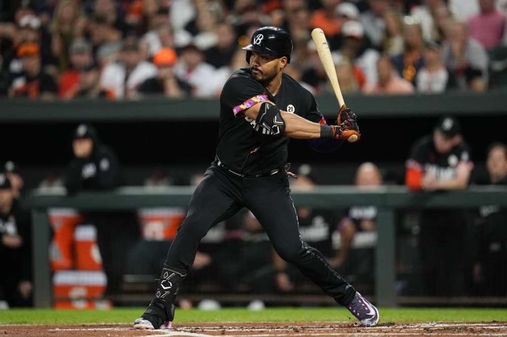 Baltimore Orioles' Anthony Santander waits for a pitch from the Tampa Bay Rays in the first inning of a baseball game, Friday, Sept. 15, 2023, in Baltimore. (AP Photo/Julio Cortez)