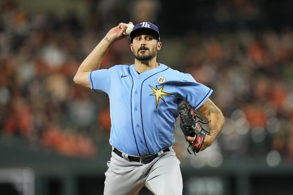 Tampa Bay Rays starting pitcher Zach Eflin throws to the Baltimore Orioles in the fourth inning of a baseball game, Friday, Sept. 15, 2023, in Baltimore. (AP Photo/Julio Cortez)